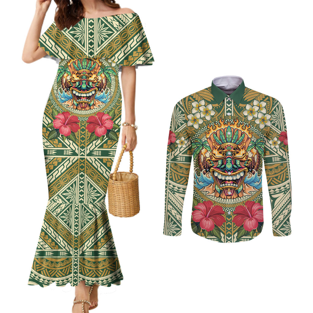 Hawaii Tiki Mask Personalized Couples Matching Mermaid Dress and Long Sleeve Button Shirt Mele Kalikimaka i Iulai!