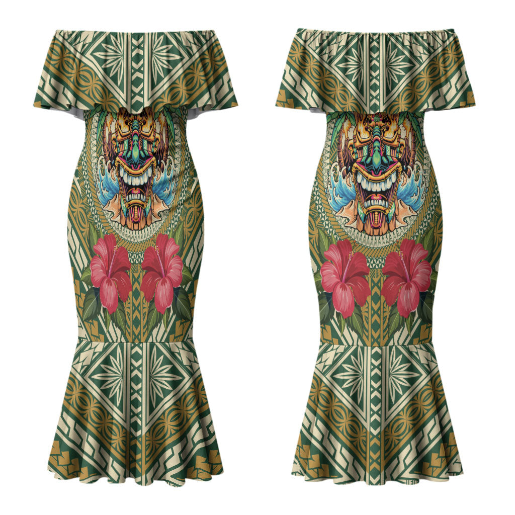 Hawaii Tiki Mask Personalized Couples Matching Mermaid Dress and Long Sleeve Button Shirt Mele Kalikimaka i Iulai! LT9 - Polynesian Pride