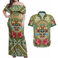 Hawaii Tiki Mask Personalized Couples Matching Off Shoulder Maxi Dress and Hawaiian Shirt Mele Kalikimaka i Iulai!