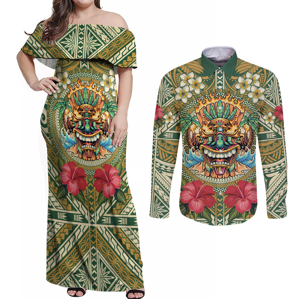 Hawaii Tiki Mask Personalized Couples Matching Off Shoulder Maxi Dress and Long Sleeve Button Shirt Mele Kalikimaka i Iulai!