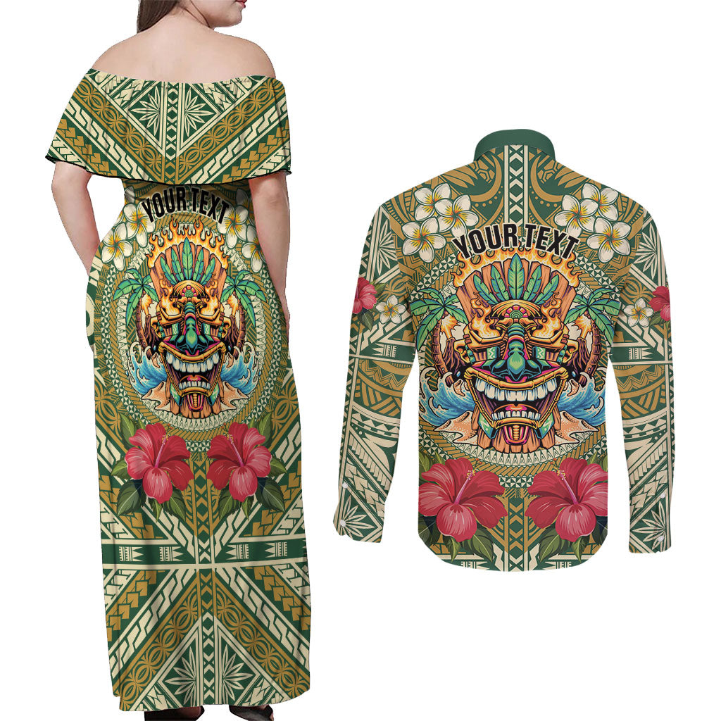 Hawaii Tiki Mask Personalized Couples Matching Off Shoulder Maxi Dress and Long Sleeve Button Shirt Mele Kalikimaka i Iulai!