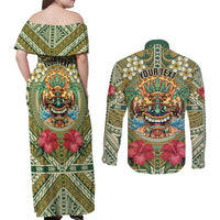 Hawaii Tiki Mask Personalized Couples Matching Off Shoulder Maxi Dress and Long Sleeve Button Shirt Mele Kalikimaka i Iulai!