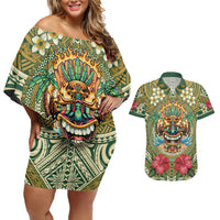 Hawaii Tiki Mask Personalized Couples Matching Off Shoulder Short Dress and Hawaiian Shirt Mele Kalikimaka i Iulai!