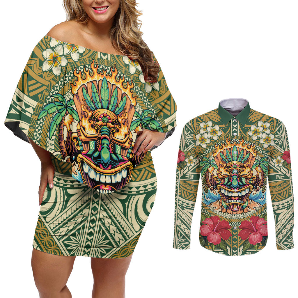 Hawaii Tiki Mask Personalized Couples Matching Off Shoulder Short Dress and Long Sleeve Button Shirt Mele Kalikimaka i Iulai!
