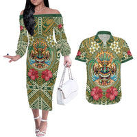 Hawaii Tiki Mask Personalized Couples Matching Off The Shoulder Long Sleeve Dress and Hawaiian Shirt Mele Kalikimaka i Iulai!