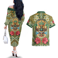 Hawaii Tiki Mask Personalized Couples Matching Off The Shoulder Long Sleeve Dress and Hawaiian Shirt Mele Kalikimaka i Iulai!