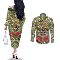 Hawaii Tiki Mask Personalized Couples Matching Off The Shoulder Long Sleeve Dress and Long Sleeve Button Shirt Mele Kalikimaka i Iulai!