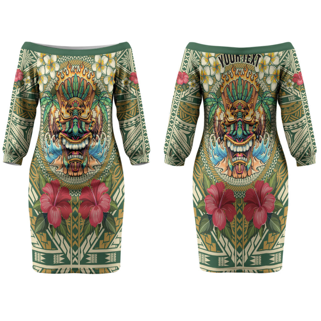 Hawaii Tiki Mask Personalized Couples Matching Off The Shoulder Long Sleeve Dress and Long Sleeve Button Shirt Mele Kalikimaka i Iulai! LT9