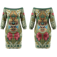 Hawaii Tiki Mask Personalized Couples Matching Off The Shoulder Long Sleeve Dress and Long Sleeve Button Shirt Mele Kalikimaka i Iulai! LT9
