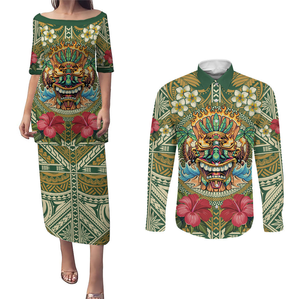 Hawaii Tiki Mask Personalized Couples Matching Puletasi and Long Sleeve Button Shirt Mele Kalikimaka i Iulai! LT9 Green - Polynesian Pride