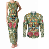 Hawaii Tiki Mask Personalized Couples Matching Tank Maxi Dress and Long Sleeve Button Shirt Mele Kalikimaka i Iulai! LT9 Green - Polynesian Pride