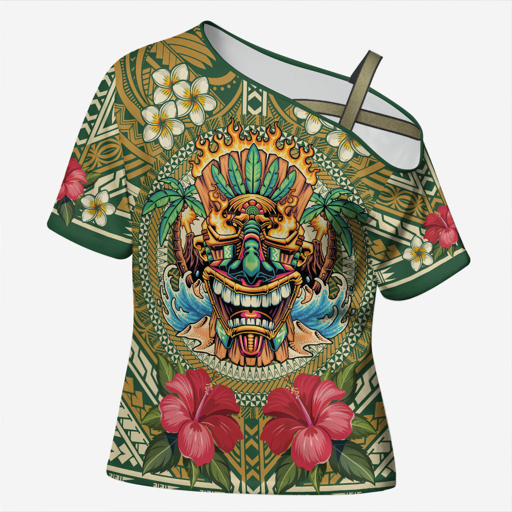 Hawaii Tiki Mask Personalized Cross Shoulder Shirt Mele Kalikimaka i Iulai!