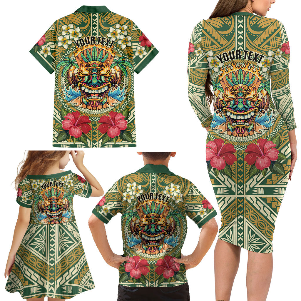 Hawaii Tiki Mask Personalized Family Matching Long Sleeve Bodycon Dress and Hawaiian Shirt Mele Kalikimaka i Iulai!