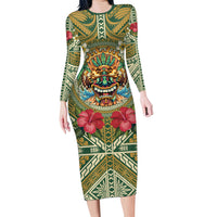 Hawaii Tiki Mask Personalized Family Matching Long Sleeve Bodycon Dress and Hawaiian Shirt Mele Kalikimaka i Iulai!