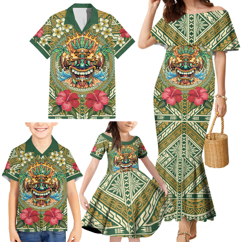 Hawaii Tiki Mask Personalized Family Matching Mermaid Dress and Hawaiian Shirt Mele Kalikimaka i Iulai!