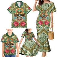 Hawaii Tiki Mask Personalized Family Matching Mermaid Dress and Hawaiian Shirt Mele Kalikimaka i Iulai!
