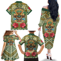 Hawaii Tiki Mask Personalized Family Matching Off The Shoulder Long Sleeve Dress and Hawaiian Shirt Mele Kalikimaka i Iulai!
