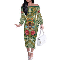 Hawaii Tiki Mask Personalized Family Matching Off The Shoulder Long Sleeve Dress and Hawaiian Shirt Mele Kalikimaka i Iulai!
