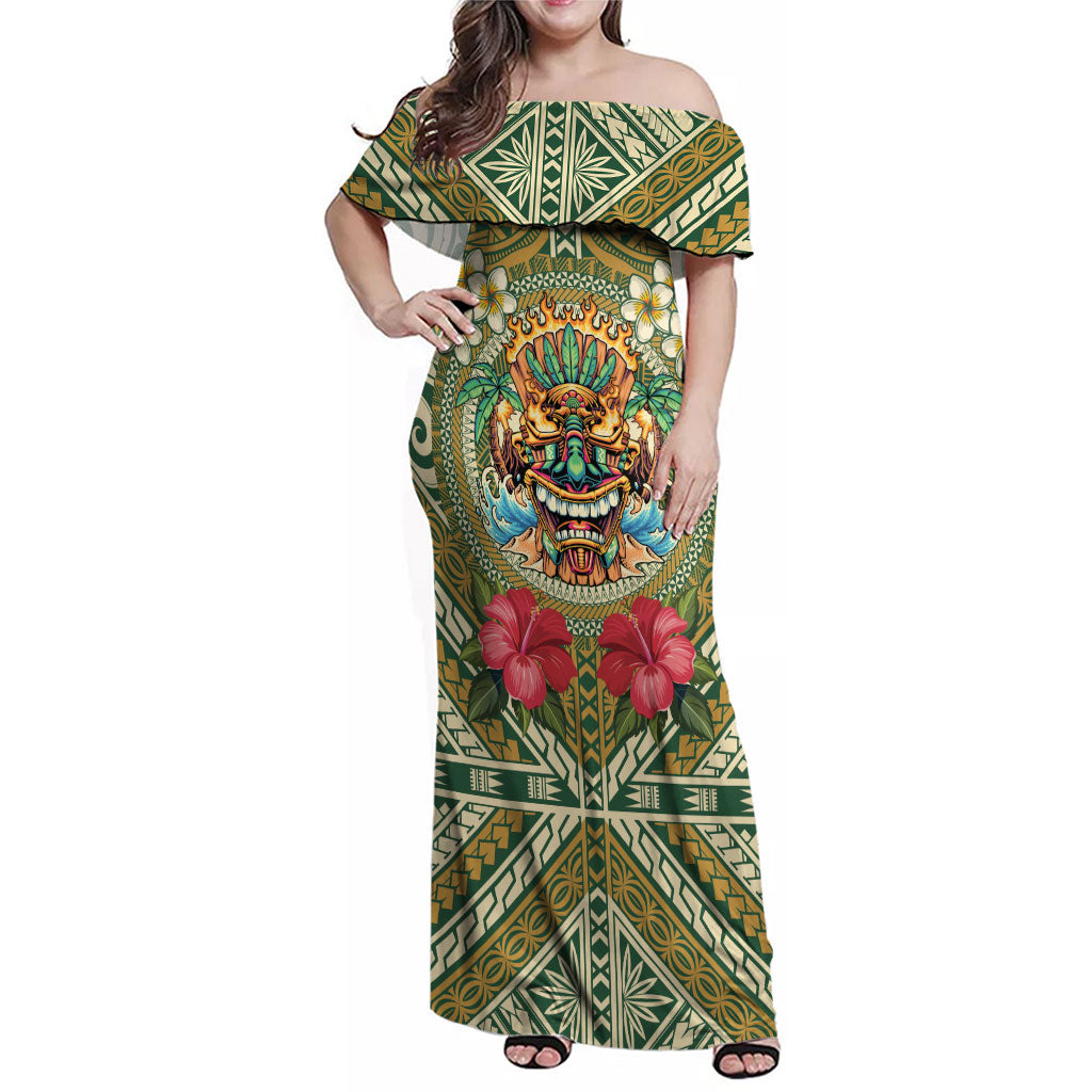 Hawaii Tiki Mask Personalized Family Matching Off Shoulder Maxi Dress and Hawaiian Shirt Mele Kalikimaka i Iulai!