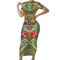 Hawaii Tiki Mask Personalized Family Matching Short Sleeve Bodycon Dress and Hawaiian Shirt Mele Kalikimaka i Iulai!