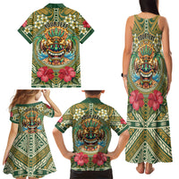 Hawaii Tiki Mask Personalized Family Matching Tank Maxi Dress and Hawaiian Shirt Mele Kalikimaka i Iulai!