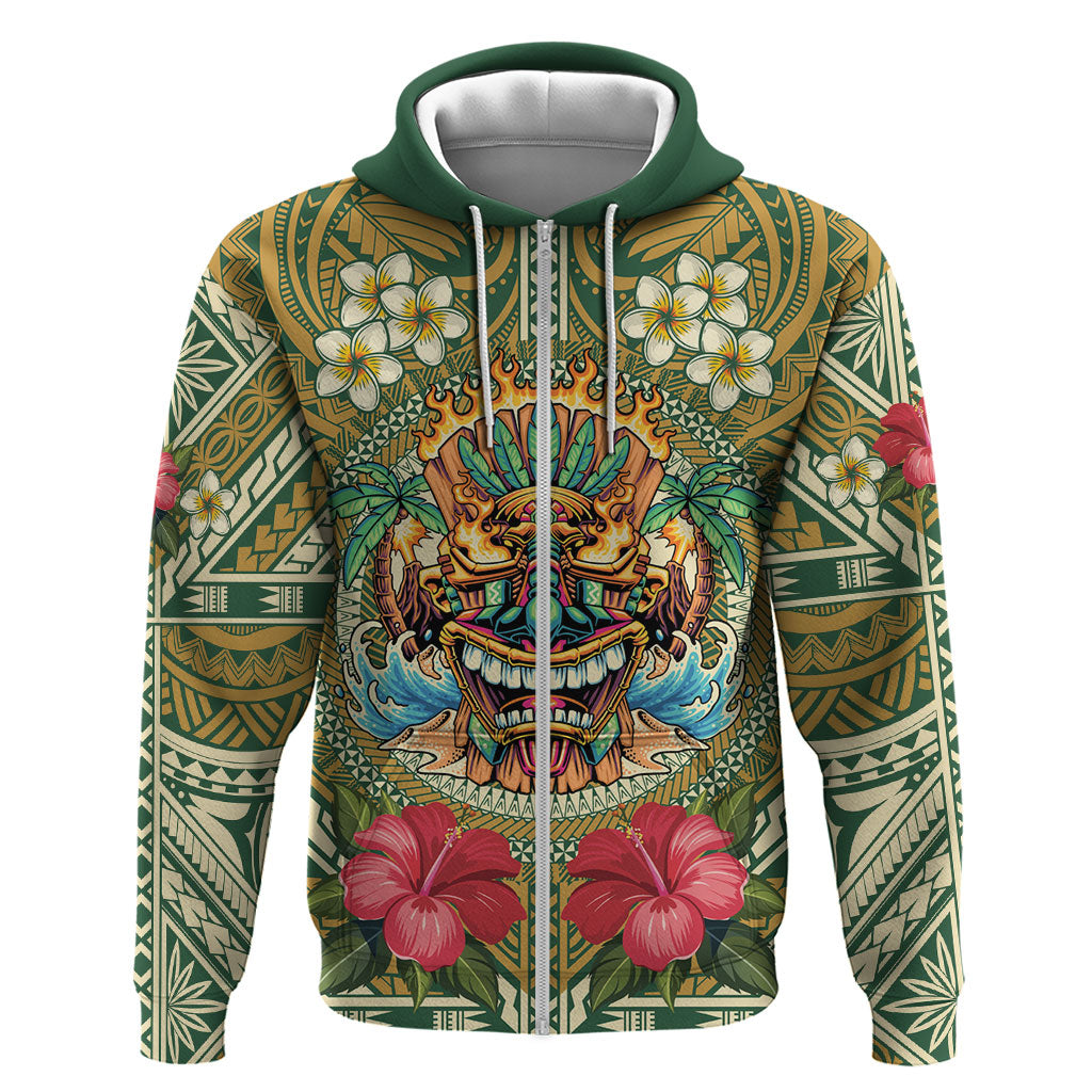 Hawaii Tiki Mask Personalized Hoodie Mele Kalikimaka i Iulai! LT9 Zip Hoodie Green - Polynesian Pride