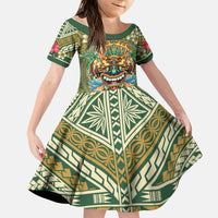 Hawaii Tiki Mask Personalized Kid Short Sleeve Dress Mele Kalikimaka i Iulai!