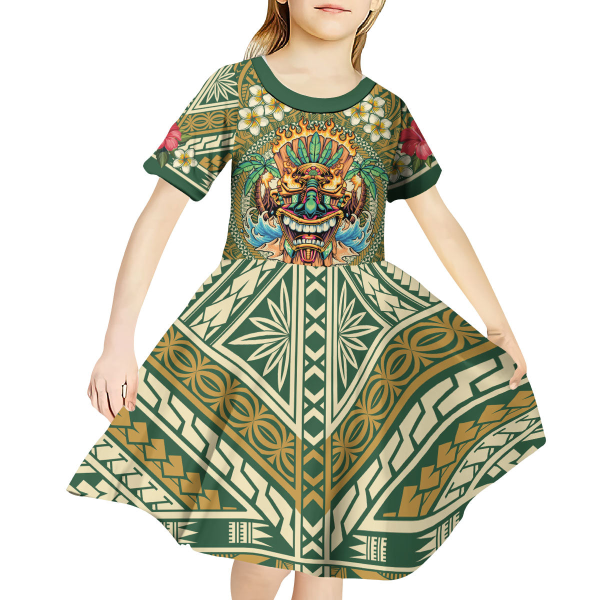 Hawaii Tiki Mask Personalized Kid Short Sleeve Dress Mele Kalikimaka i Iulai!