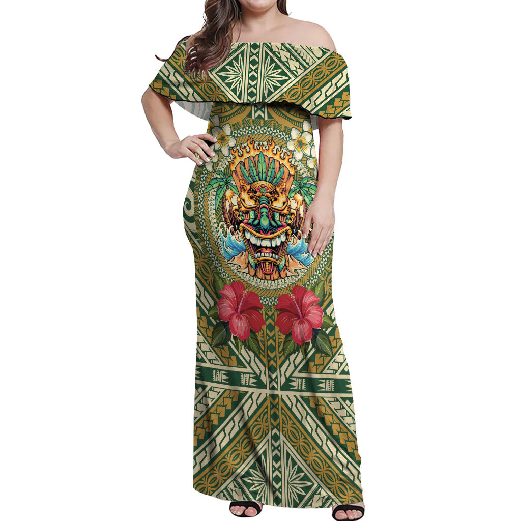 Hawaii Tiki Mask Personalized Off Shoulder Maxi Dress Mele Kalikimaka i Iulai! LT9 Women Green - Polynesian Pride
