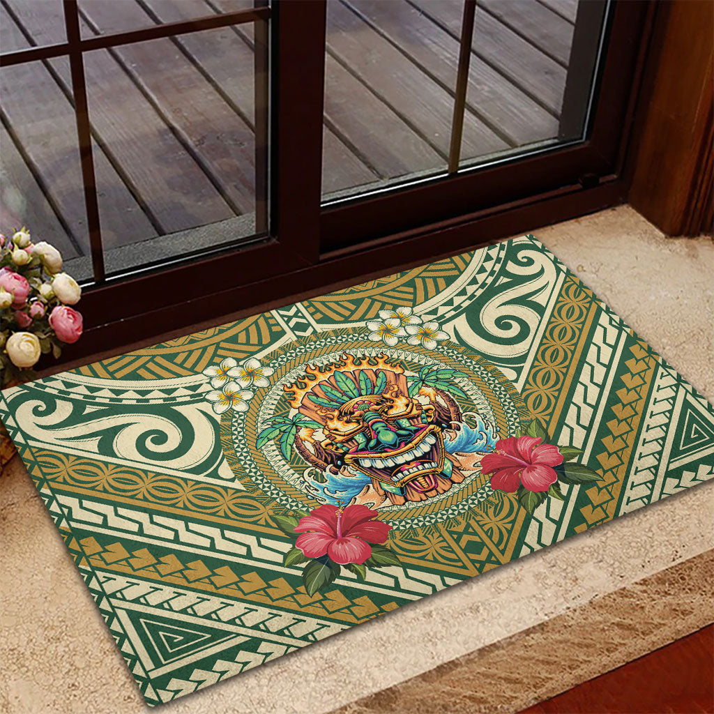 Hawaii Tiki Mask Rubber Doormat Mele Kalikimaka i Iulai!