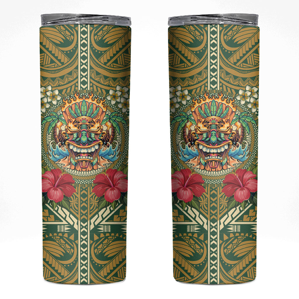 Hawaii Tiki Mask Personalized Skinny Tumbler Mele Kalikimaka i Iulai!