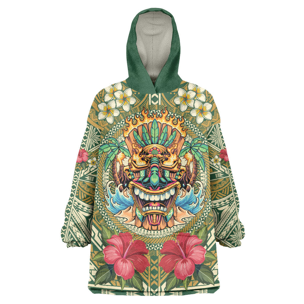 Hawaii Tiki Mask Personalized Wearable Blanket Hoodie Mele Kalikimaka i Iulai!