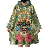 Hawaii Tiki Mask Personalized Wearable Blanket Hoodie Mele Kalikimaka i Iulai!