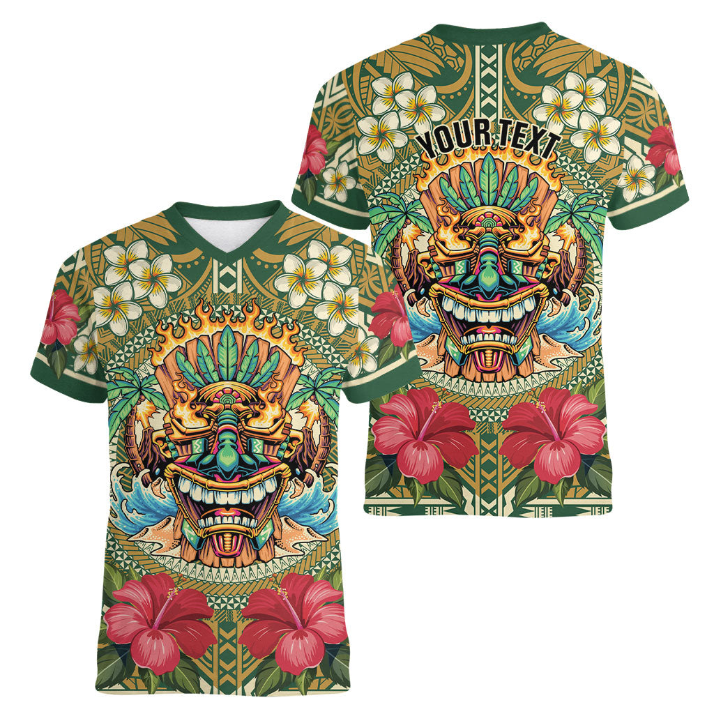Hawaii Tiki Mask Personalized Women V-Neck T-Shirt Mele Kalikimaka i Iulai!