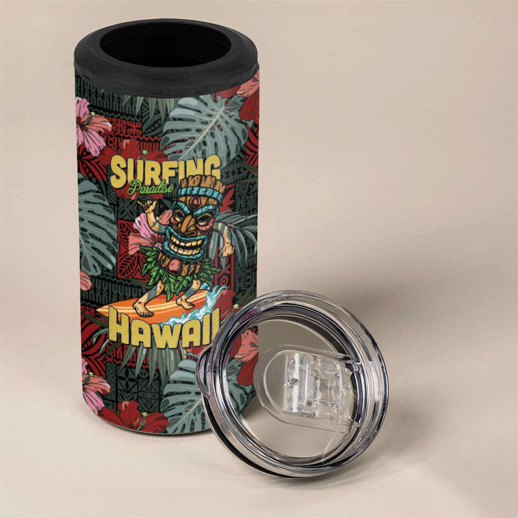 Hawaii Tiki Surfing 4 in 1 Can Cooler Tumbler Mele Kalikimaka i Iulai!
