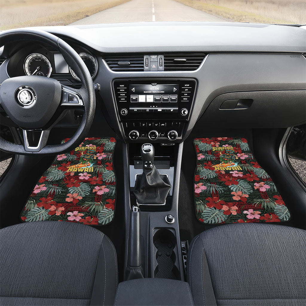 Hawaii Tiki Surfing Car Mats Mele Kalikimaka i Iulai! LT9 Set 2pcs - Front Black - Polynesian Pride