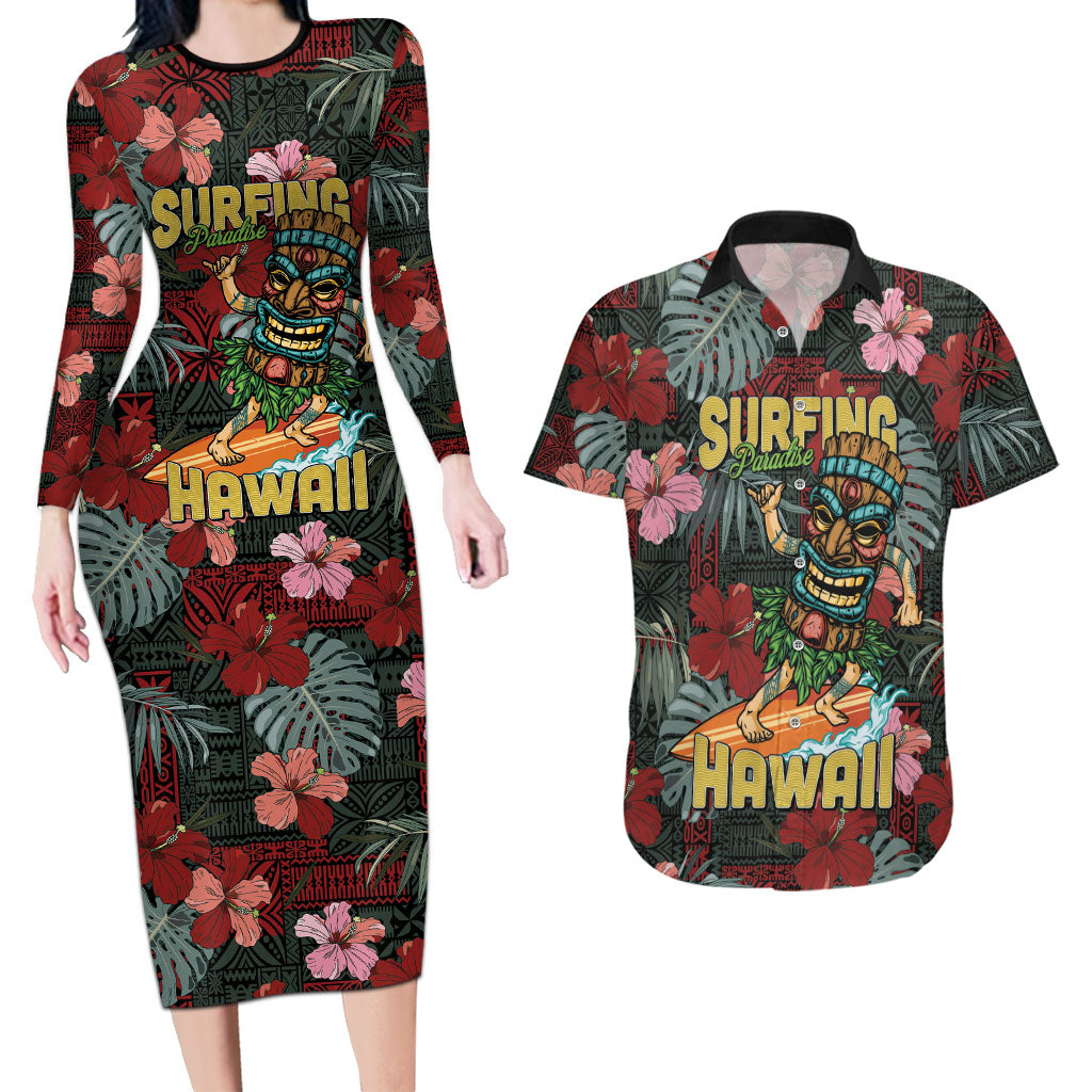 Hawaii Tiki Surfing Couples Matching Long Sleeve Bodycon Dress and Hawaiian Shirt Mele Kalikimaka i Iulai!