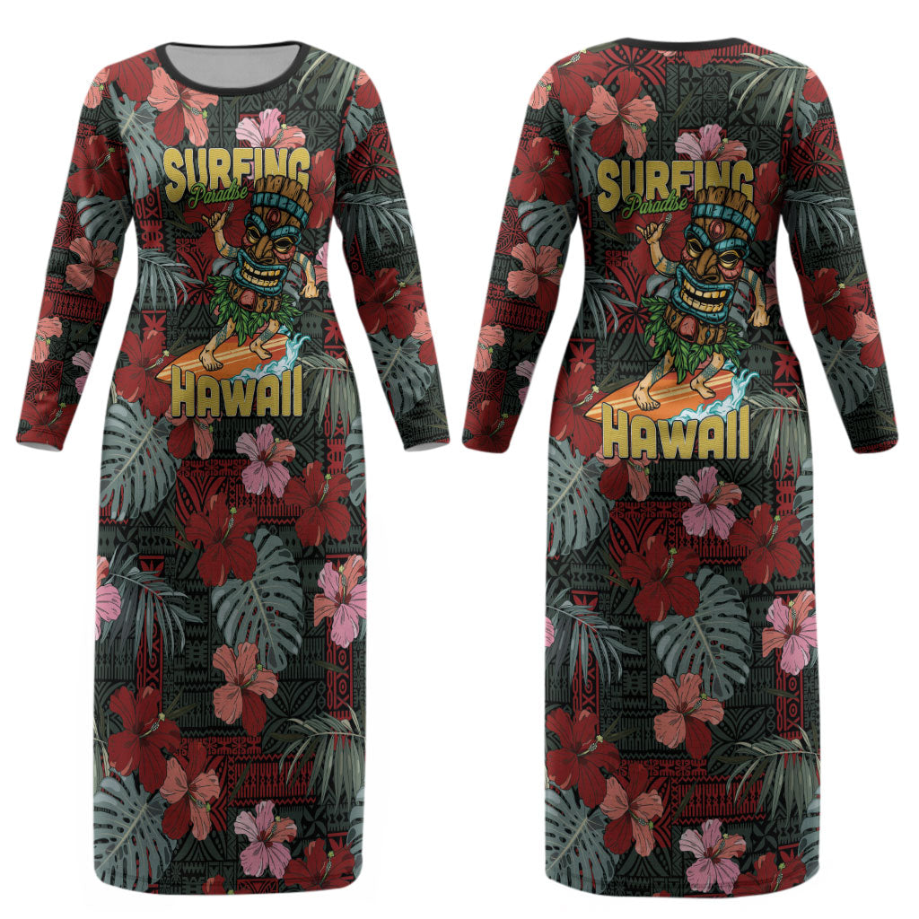 Hawaii Tiki Surfing Couples Matching Long Sleeve Bodycon Dress and Long Sleeve Button Shirt Mele Kalikimaka i Iulai! LT9