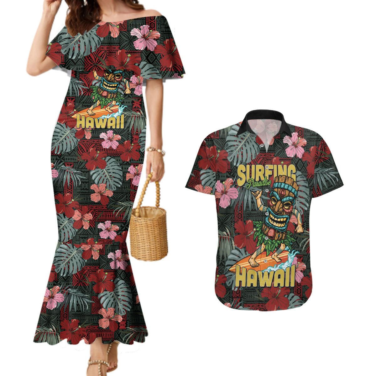 Hawaii Tiki Surfing Couples Matching Mermaid Dress and Hawaiian Shirt Mele Kalikimaka i Iulai! LT9 Black - Polynesian Pride