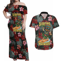 Hawaii Tiki Surfing Couples Matching Off Shoulder Maxi Dress and Hawaiian Shirt Mele Kalikimaka i Iulai!