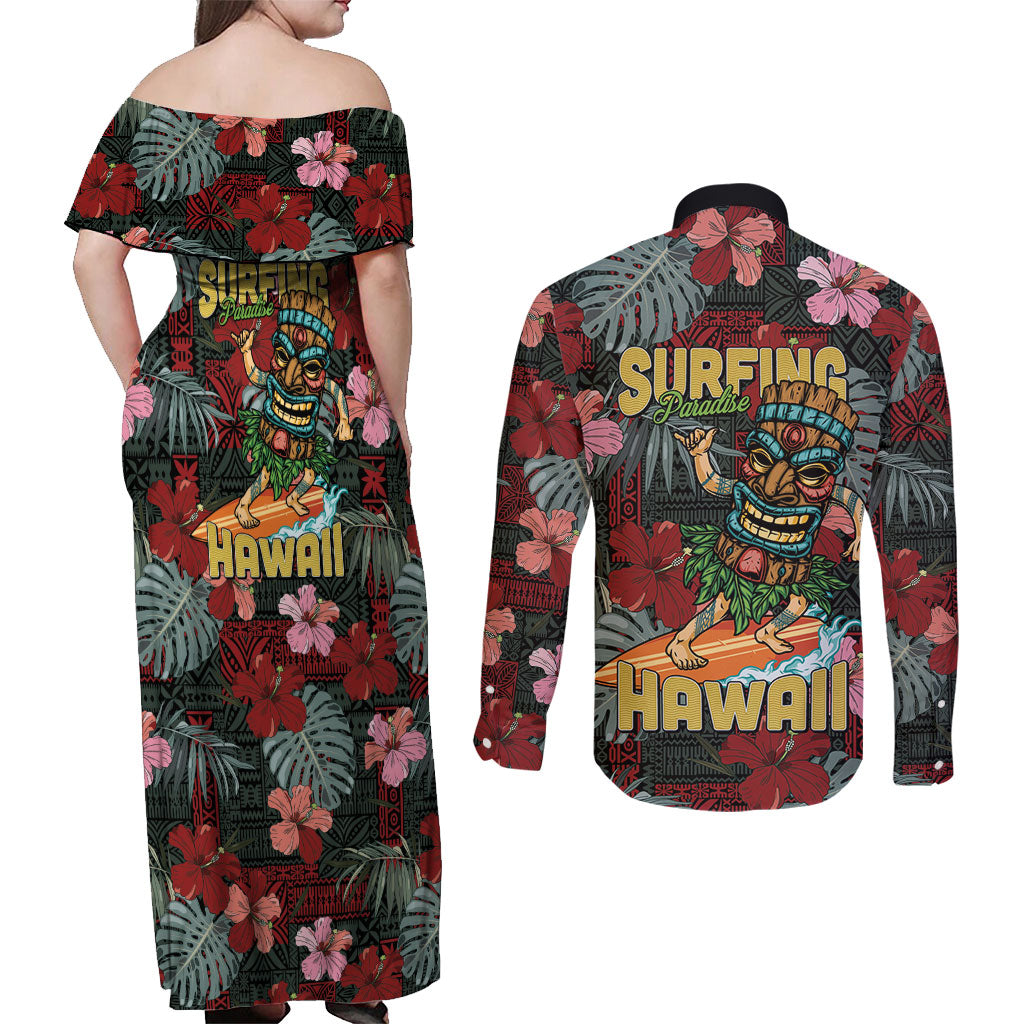 Hawaii Tiki Surfing Couples Matching Off Shoulder Maxi Dress and Long Sleeve Button Shirt Mele Kalikimaka i Iulai!