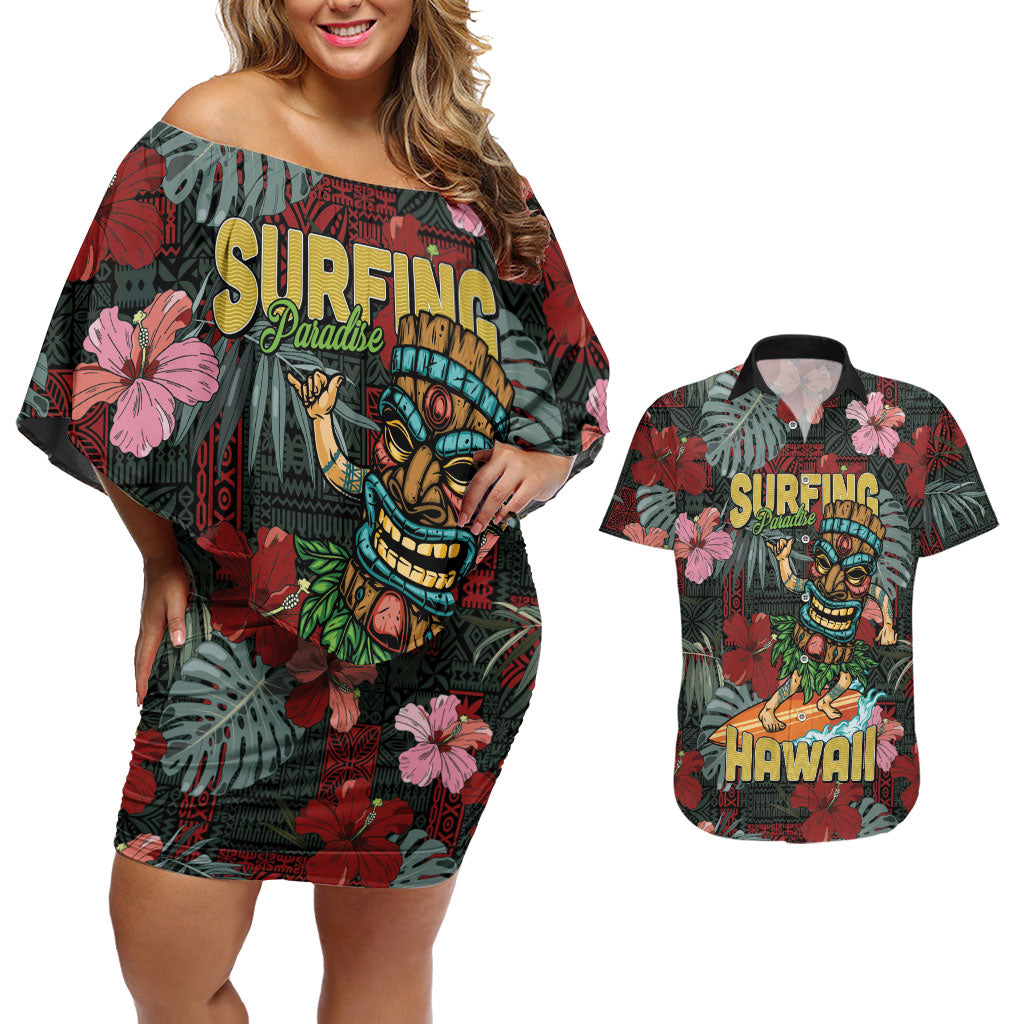 Hawaii Tiki Surfing Couples Matching Off Shoulder Short Dress and Hawaiian Shirt Mele Kalikimaka i Iulai!