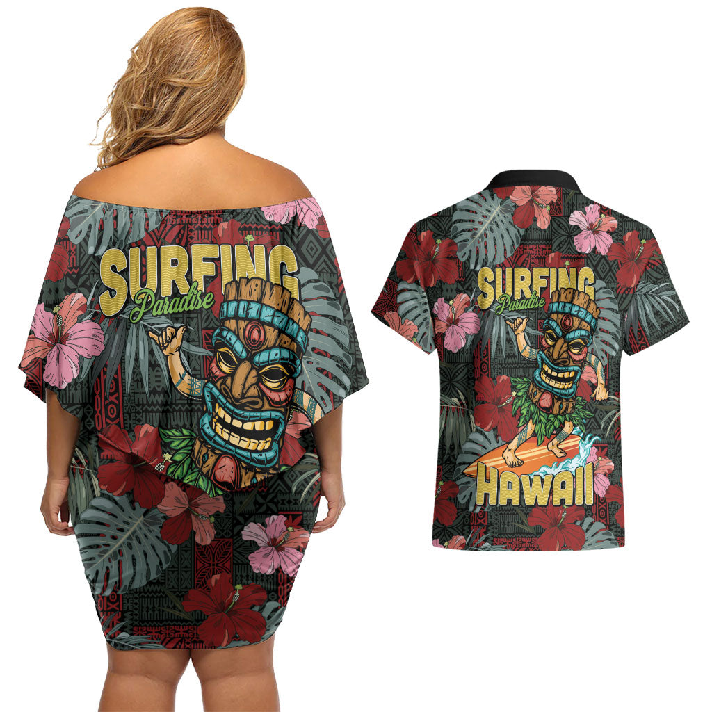 Hawaii Tiki Surfing Couples Matching Off Shoulder Short Dress and Hawaiian Shirt Mele Kalikimaka i Iulai!