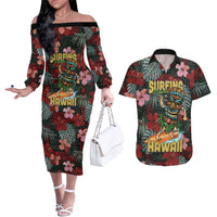 Hawaii Tiki Surfing Couples Matching Off The Shoulder Long Sleeve Dress and Hawaiian Shirt Mele Kalikimaka i Iulai!