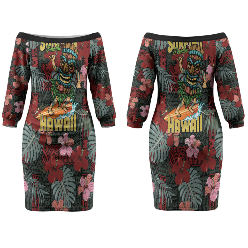 Hawaii Tiki Surfing Couples Matching Off The Shoulder Long Sleeve Dress and Hawaiian Shirt Mele Kalikimaka i Iulai! LT9