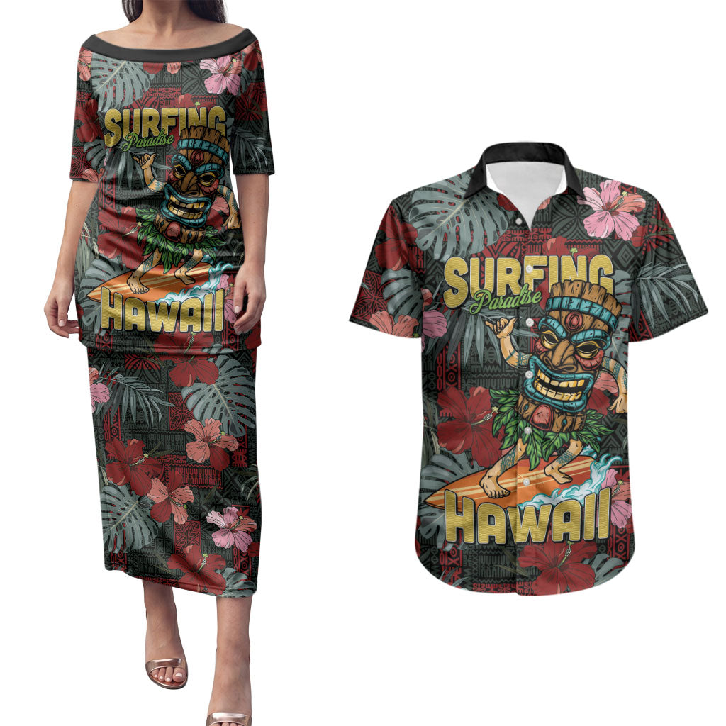 Hawaii Tiki Surfing Couples Matching Puletasi and Hawaiian Shirt Mele Kalikimaka i Iulai! LT9 Black - Polynesian Pride