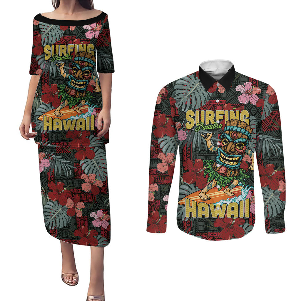 Hawaii Tiki Surfing Couples Matching Puletasi and Long Sleeve Button Shirt Mele Kalikimaka i Iulai! LT9 Black - Polynesian Pride