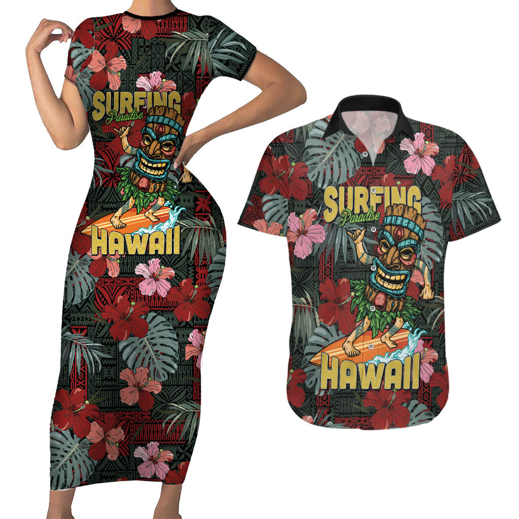 Hawaii Tiki Surfing Couples Matching Short Sleeve Bodycon Dress and Hawaiian Shirt Mele Kalikimaka i Iulai! LT9 Black - Polynesian Pride