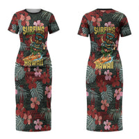 Hawaii Tiki Surfing Couples Matching Short Sleeve Bodycon Dress and Hawaiian Shirt Mele Kalikimaka i Iulai! LT9 - Polynesian Pride