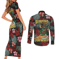 Hawaii Tiki Surfing Couples Matching Short Sleeve Bodycon Dress and Long Sleeve Button Shirt Mele Kalikimaka i Iulai!